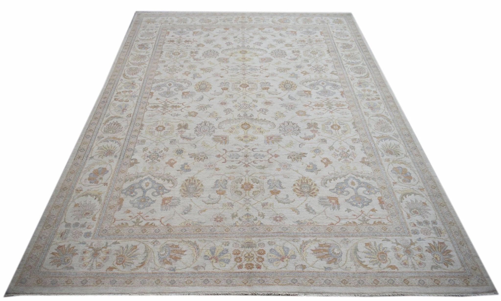 A rectangular Afghan Chobi rug featuring a traditional floral pattern in soft, neutral tones.