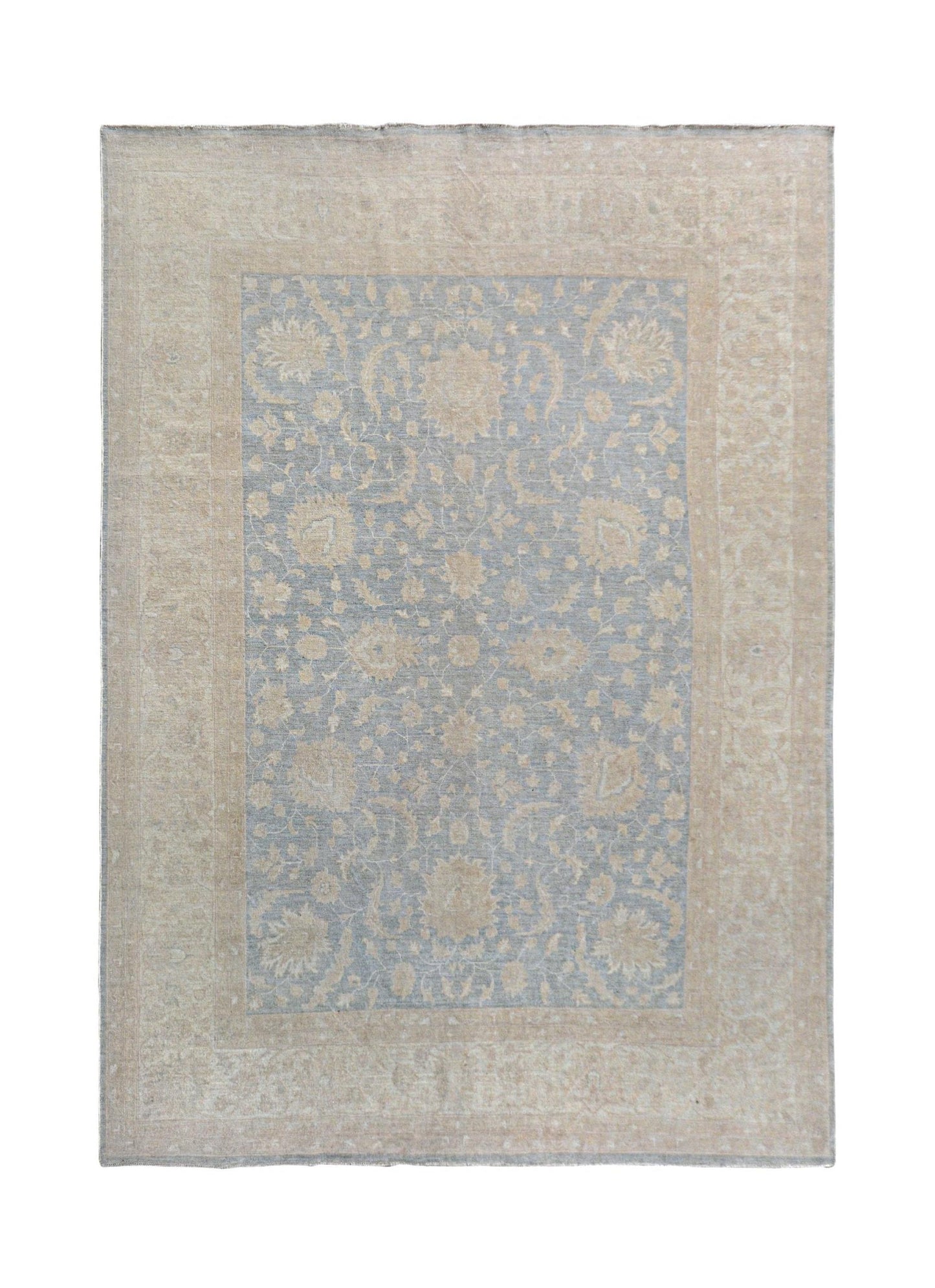 Handmade Afghan Chobi rug featuring a floral pattern in soft beige and grey tones.