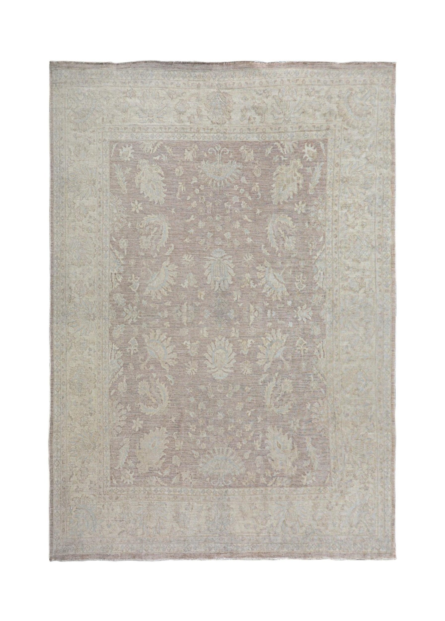 Handmade Afghan Chobi rug featuring a traditional floral pattern in soft beige and muted brown tones.