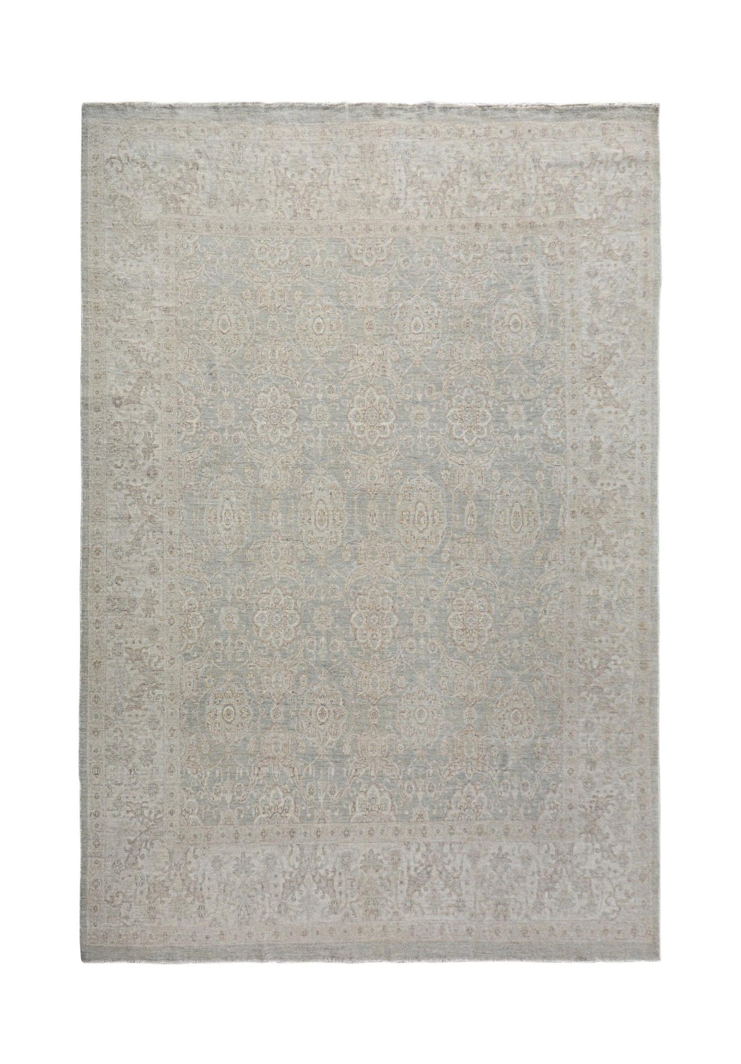 An Afghan Chobi rug featuring a traditional floral pattern in soft beige and grey tones.
