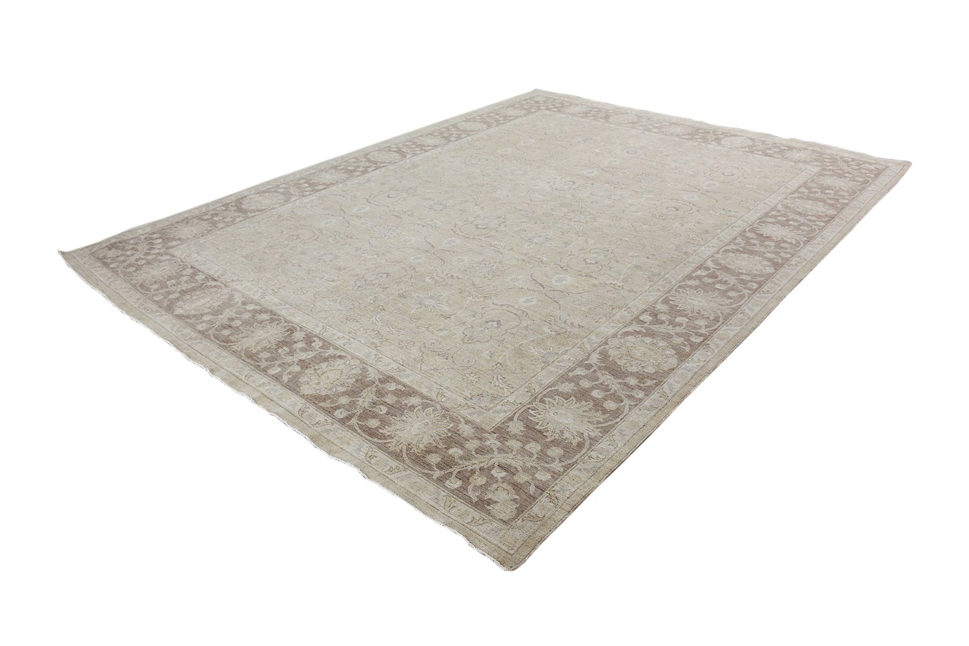 A handmade Afghan Chobi rug featuring a traditional floral pattern in neutral beige and brown tones.