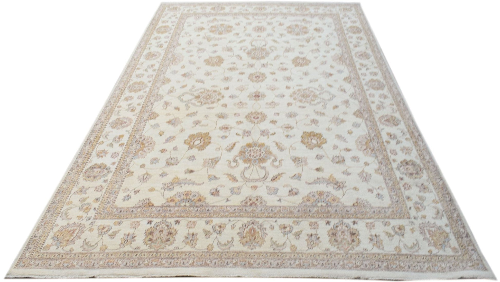 An Afghan Chobi rug featuring a traditional floral pattern in soft, neutral wood tones.