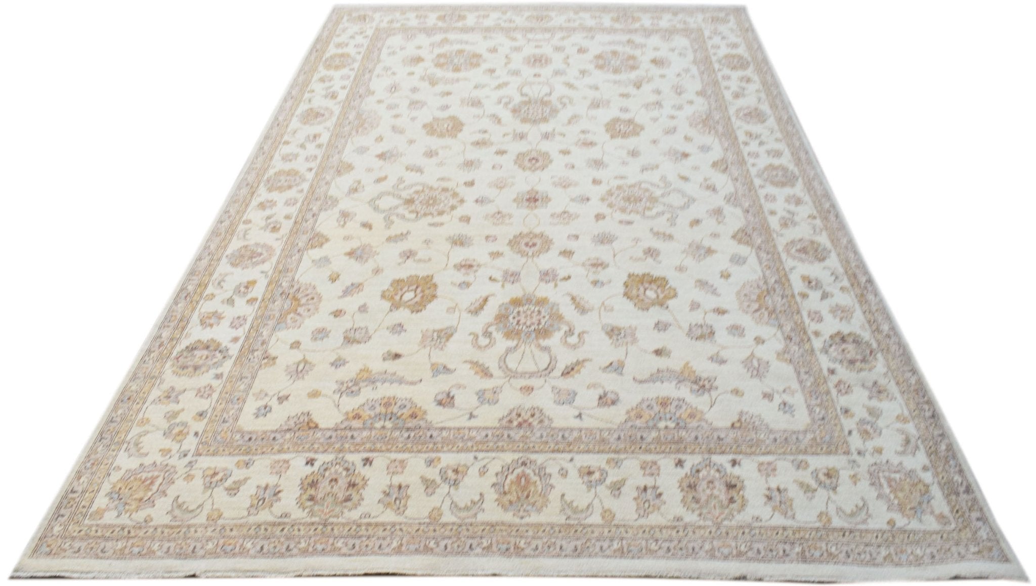 An Afghan Chobi rug featuring a traditional floral pattern in soft, neutral wood tones.