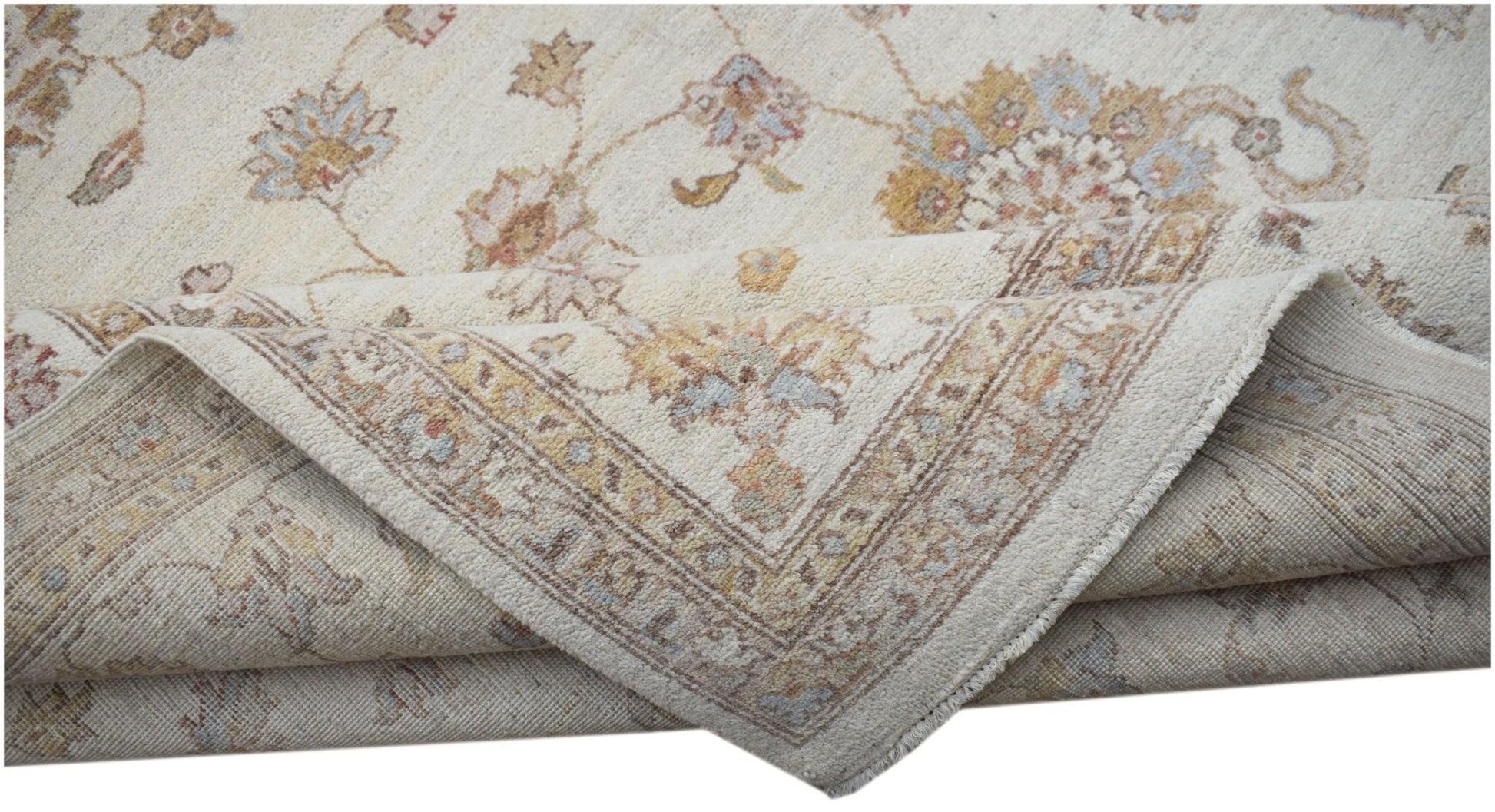 An Afghan Chobi rug with a cream background and traditional floral patterns in muted earth tones.