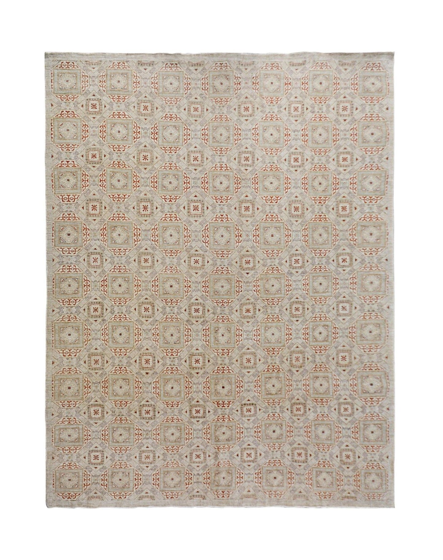 Handmade Afghan Chobi rug featuring a repeating geometric pattern in soft earth tones.