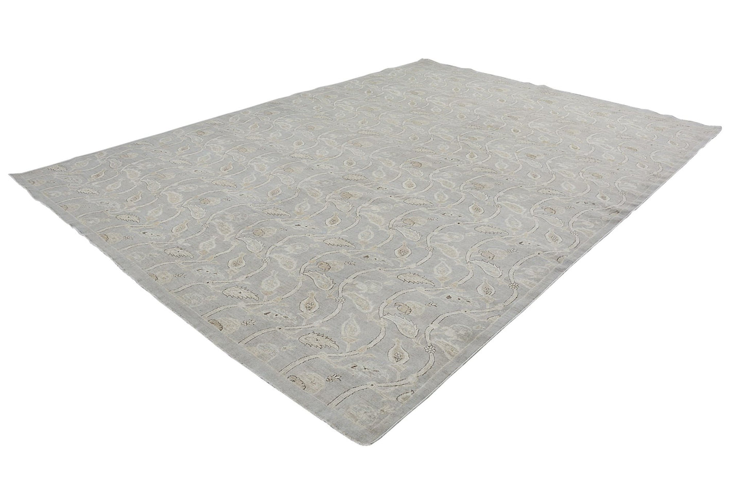 A handmade Afghan Chobi rug featuring a traditional floral vine pattern in soft neutral tones.