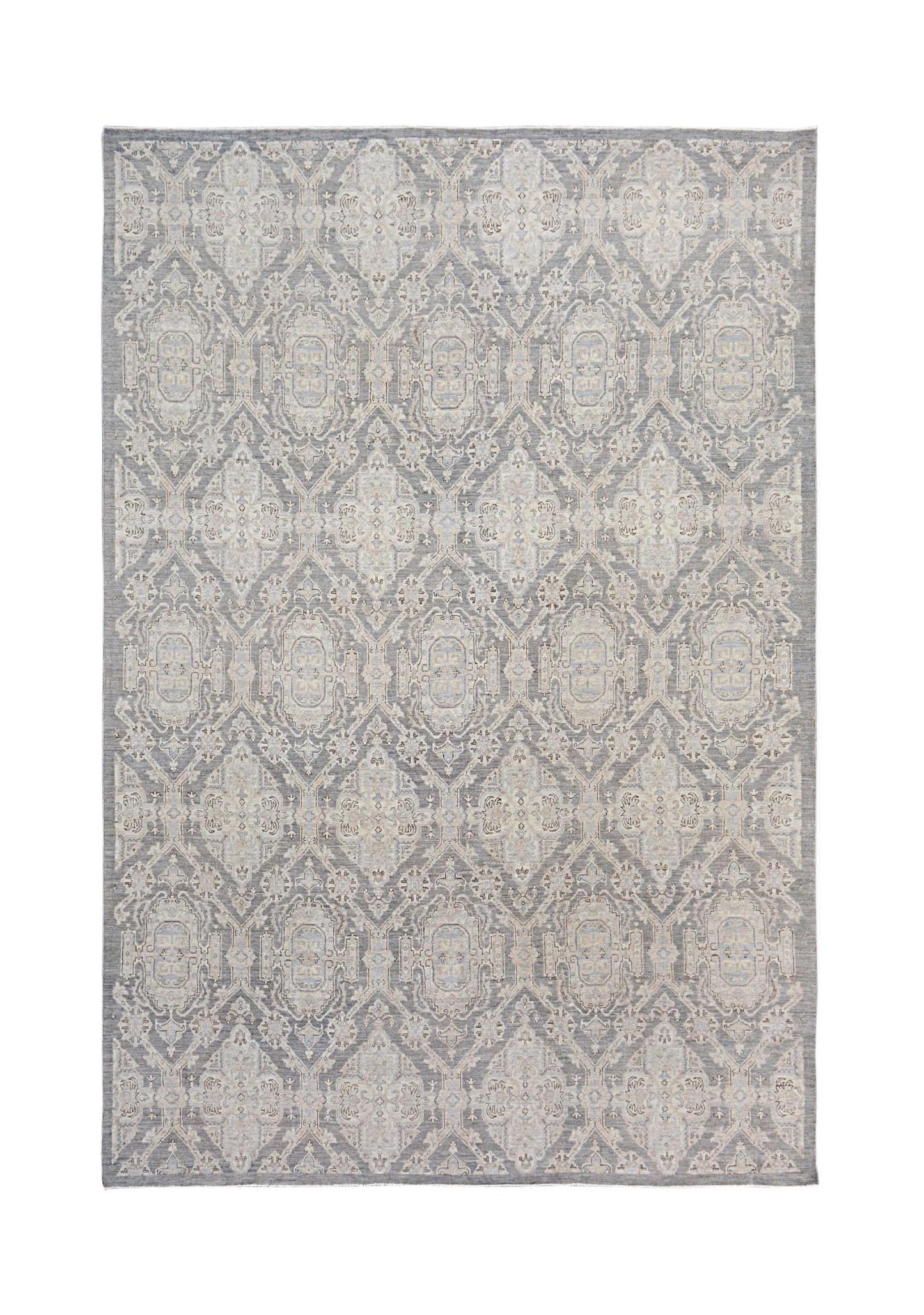A handmade Afghan Chobi rug featuring a traditional grey and beige geometric floral pattern.