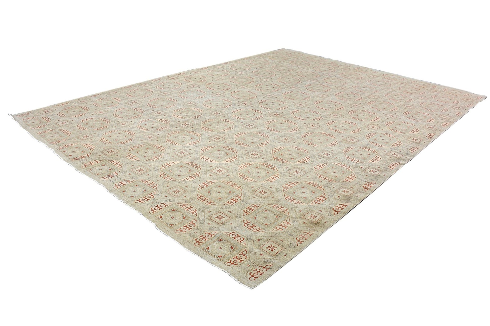 An Afghan Chobi rug featuring a repeating geometric pattern in soft earth tones.