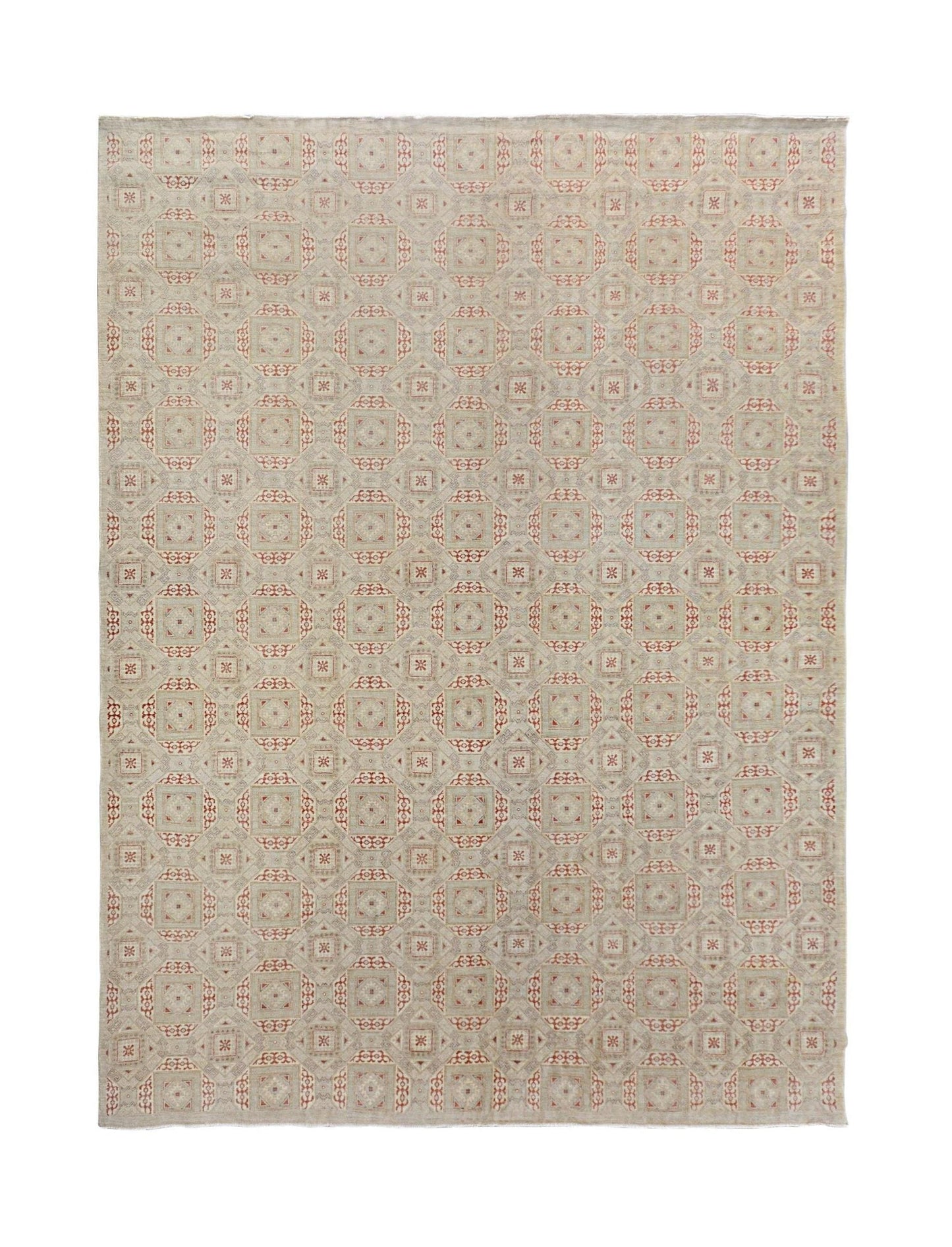 An Afghan Chobi rug featuring a repeating geometric pattern in soft earth tones.