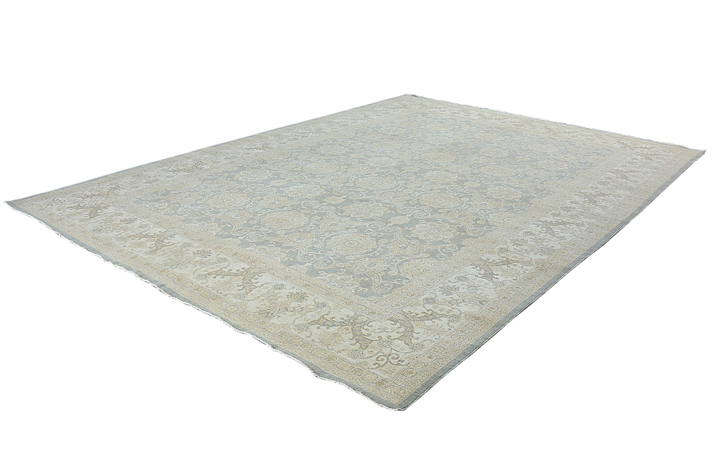 An Afghan Chobi rug featuring a traditional floral pattern in soft blue and beige tones.