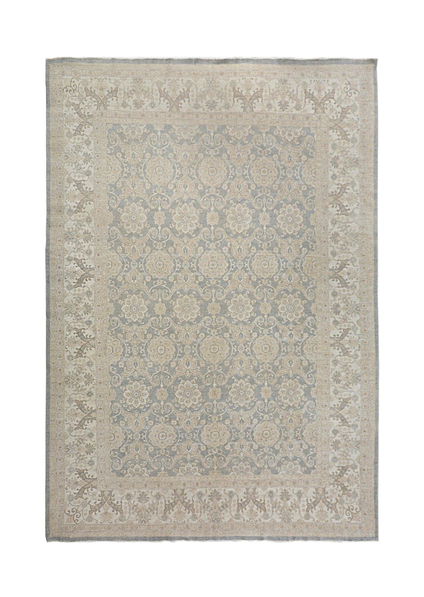 A handmade Afghan Chobi rug featuring a traditional floral pattern in soft grey and beige tones.