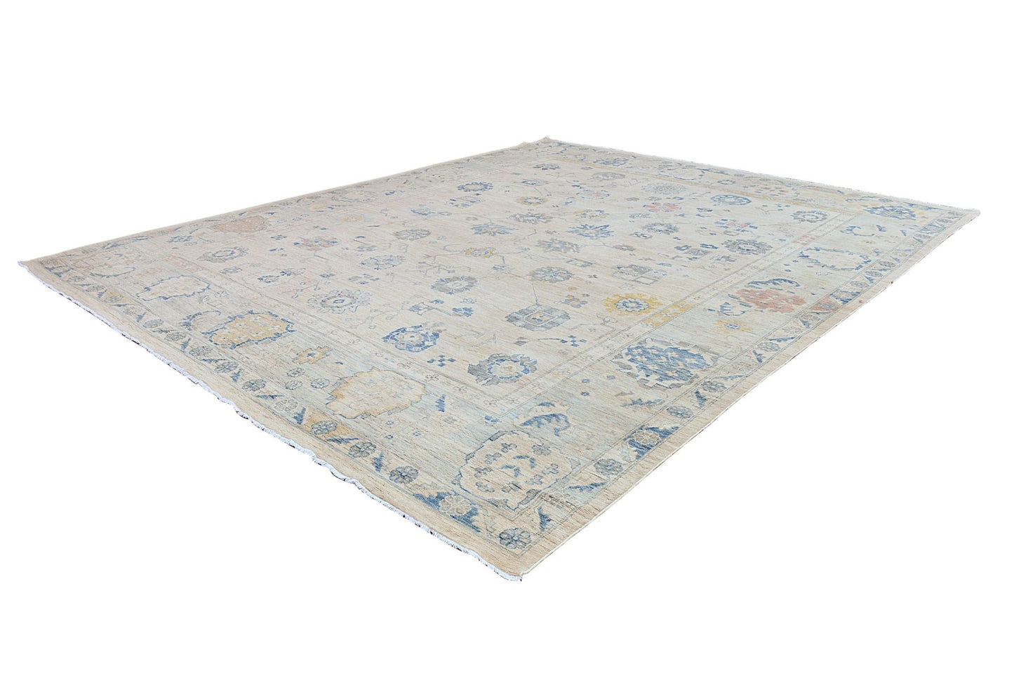 An Afghan Chobi rug featuring a traditional floral pattern in muted blue and beige tones.