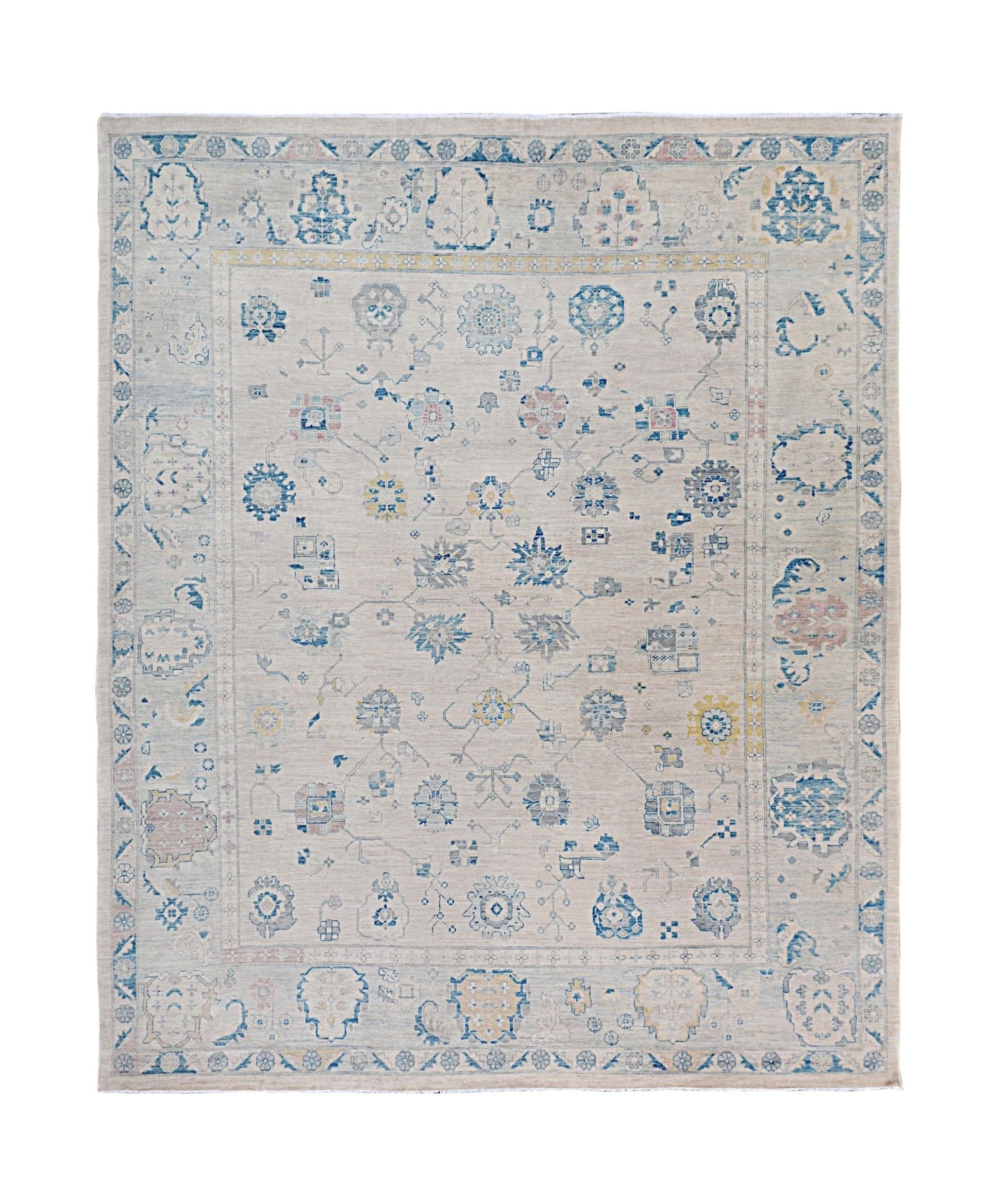 Handmade Afghan Chobi rug featuring a traditional floral pattern in blue and beige tones.