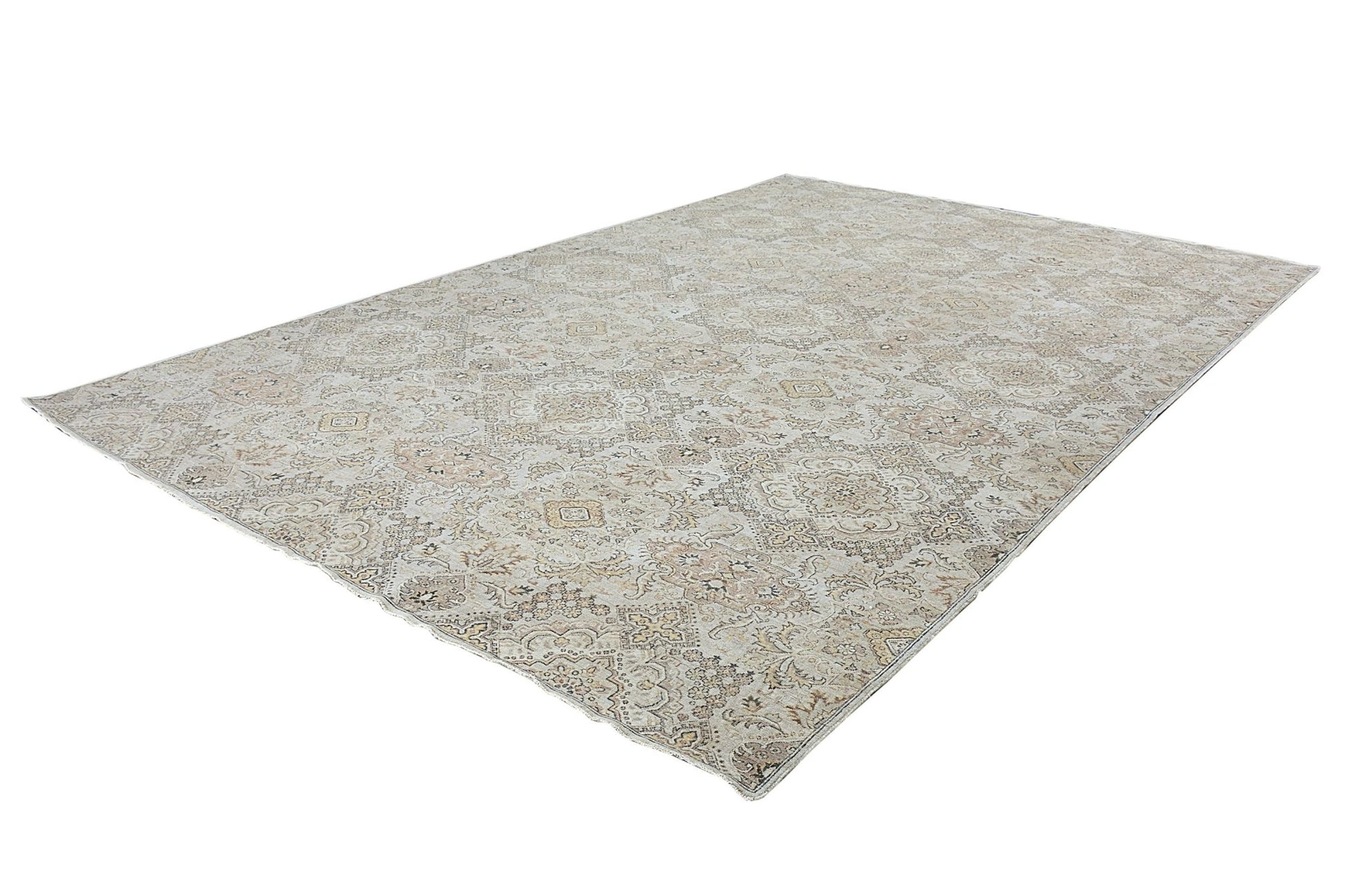 An Afghan Chobi rug featuring a traditional floral pattern in neutral beige and brown tones.