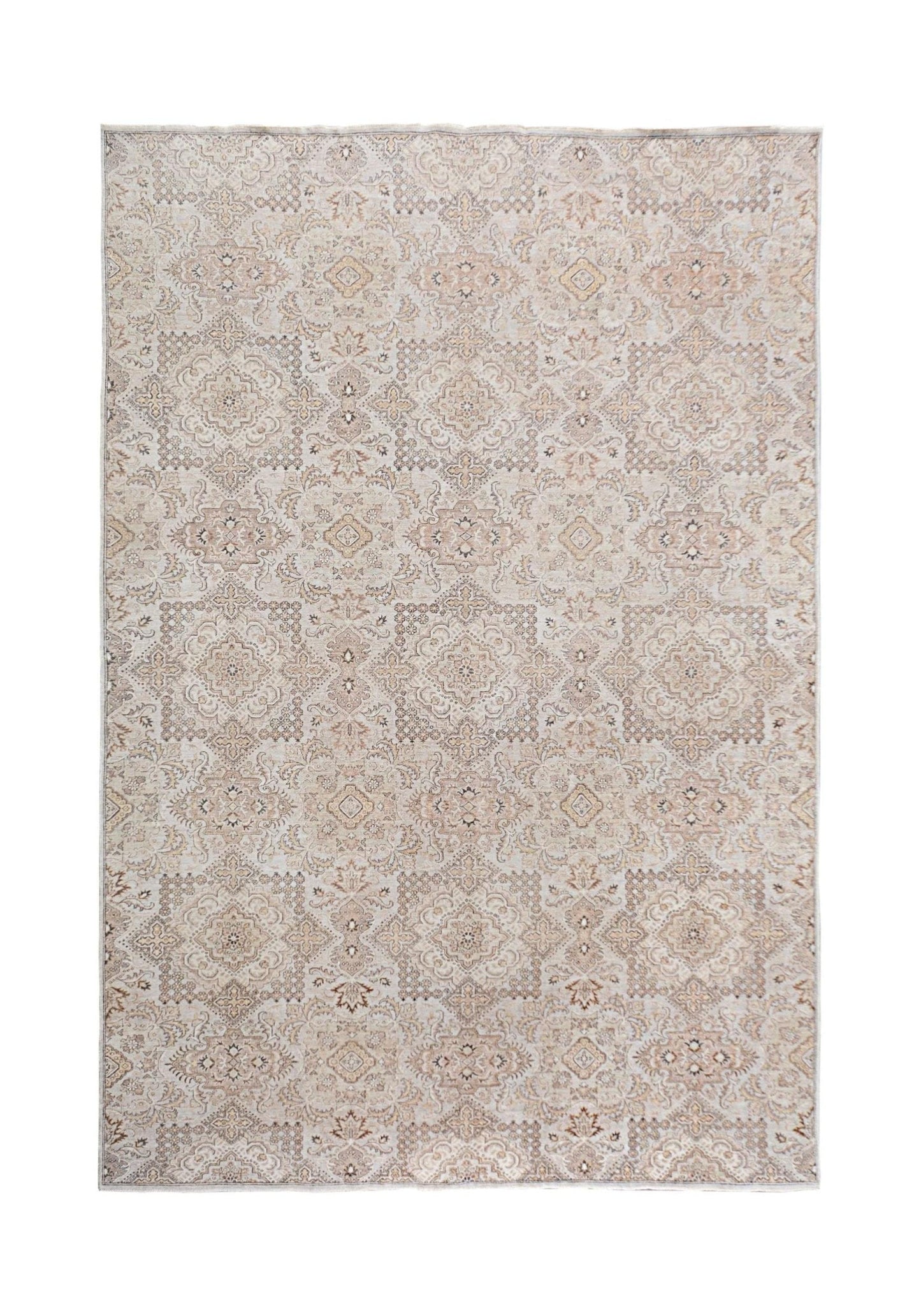 An Afghan Chobi rug featuring a traditional repeating geometric pattern in soft earthy tones.