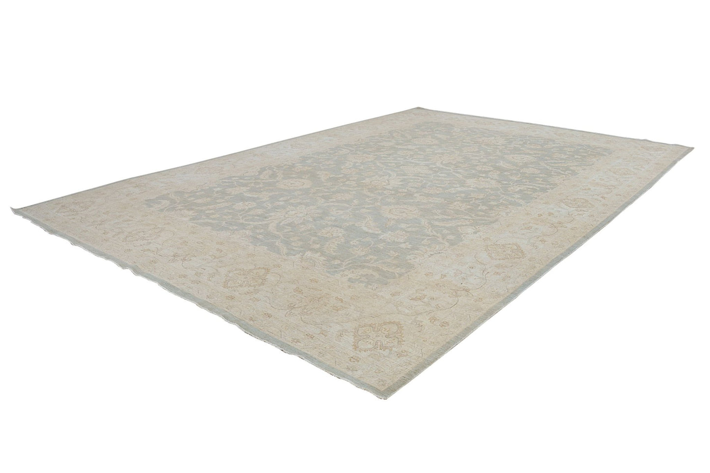 A rectangular Afghan Chobi rug featuring a traditional floral pattern in soft beige and grey tones.
