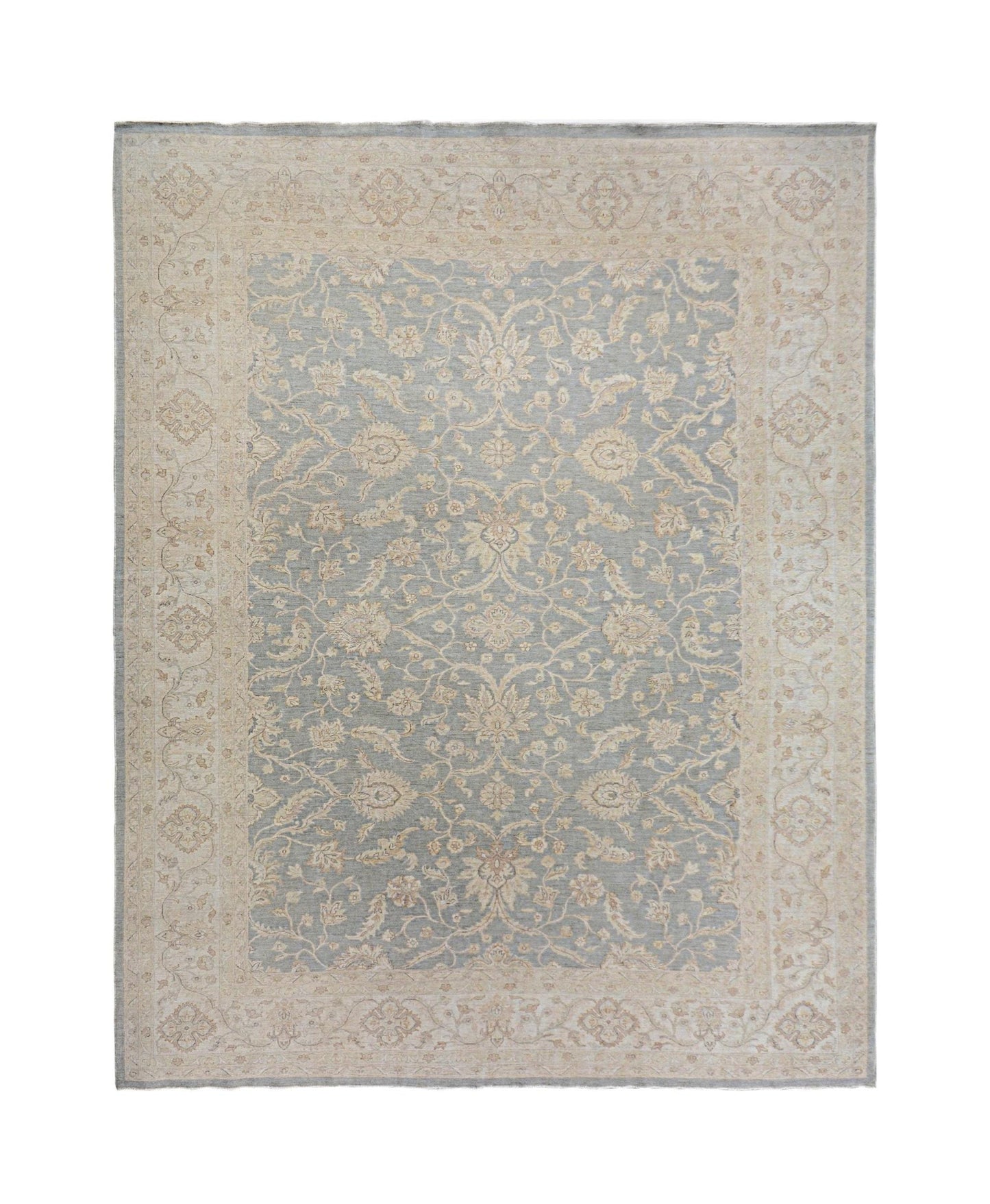 A handmade Afghan Chobi rug featuring a traditional floral pattern in soft blue and beige tones.