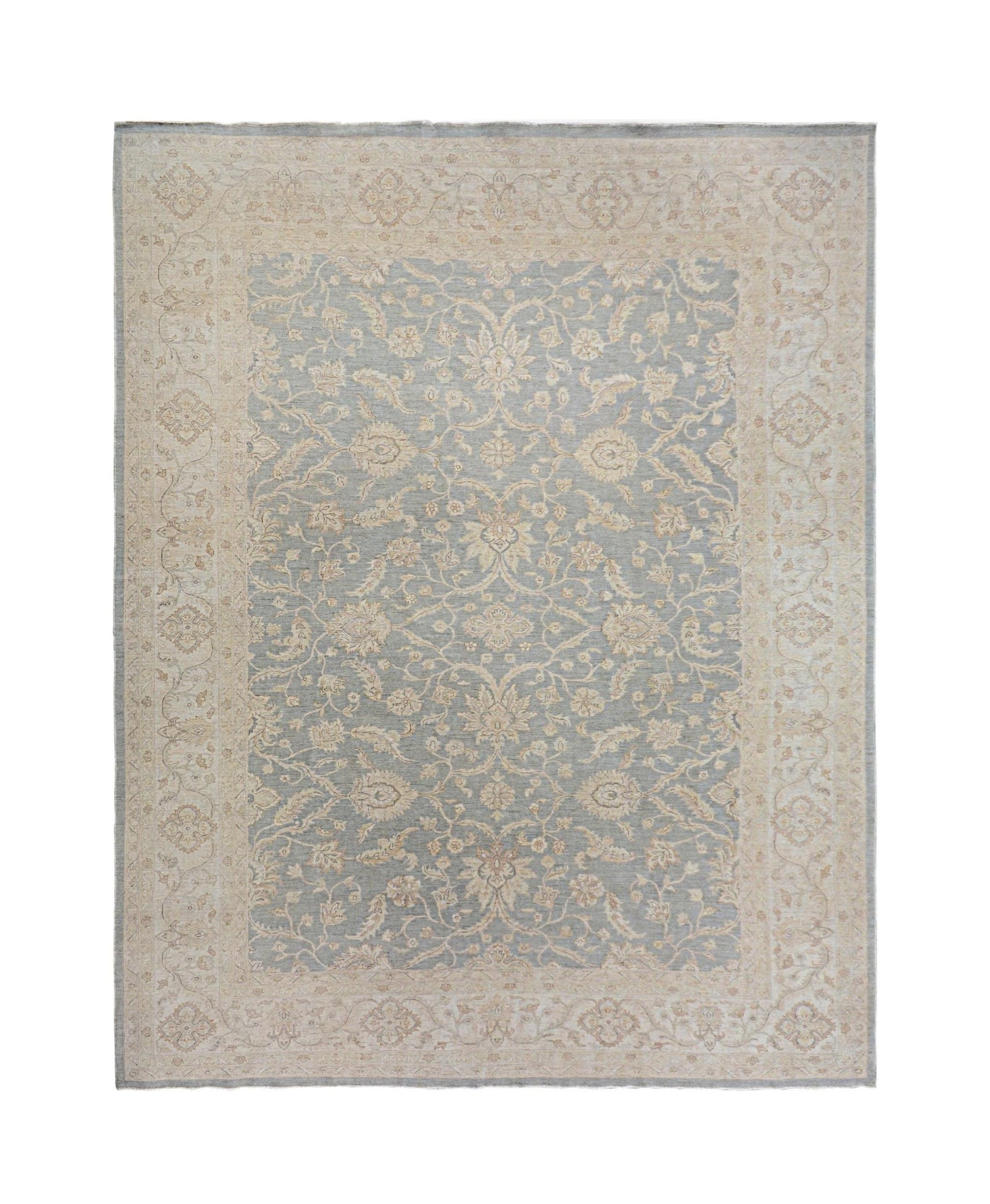 A handmade Afghan Chobi rug featuring a traditional floral pattern in soft blue and beige tones.