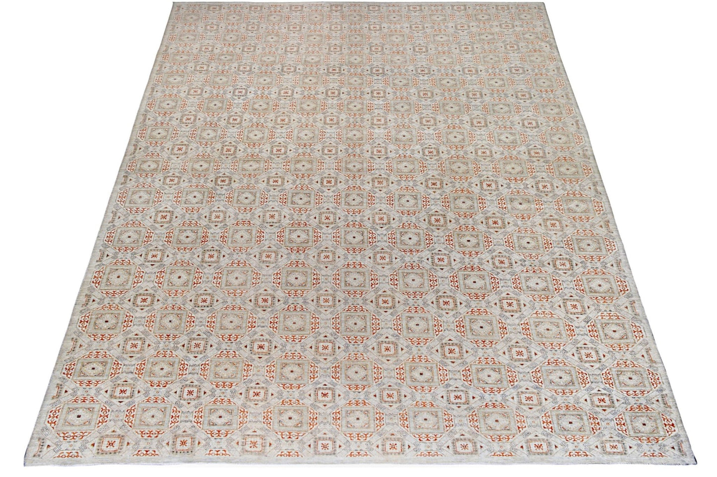 An Afghan Chobi rug featuring a repeating geometric pattern in earthy tones on a light background.