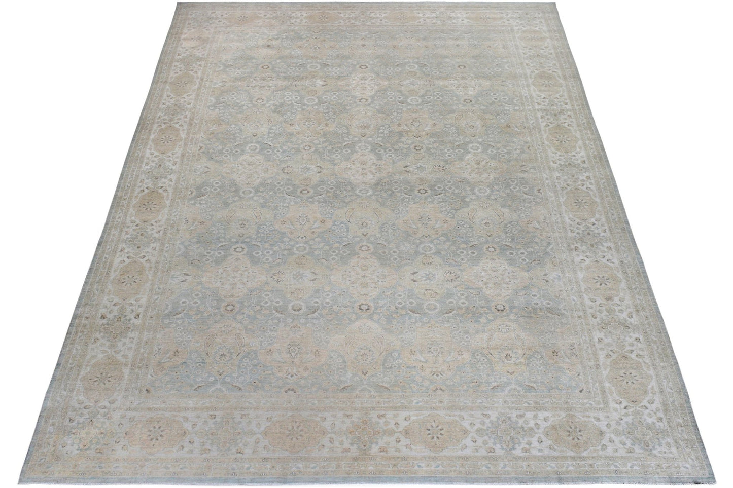 A large, rectangular Afghan Chobi rug featuring a traditional floral pattern in soft beige and blue.