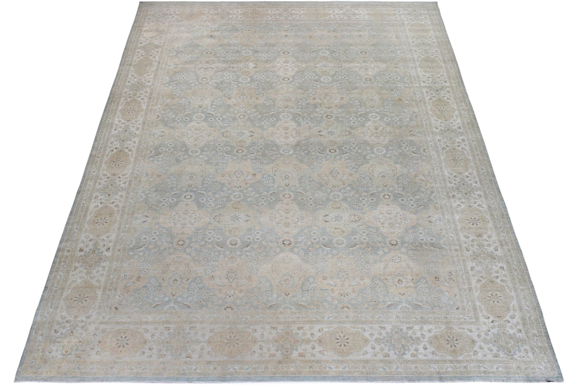 A large, rectangular Afghan Chobi rug featuring a traditional floral pattern in soft beige and blue.