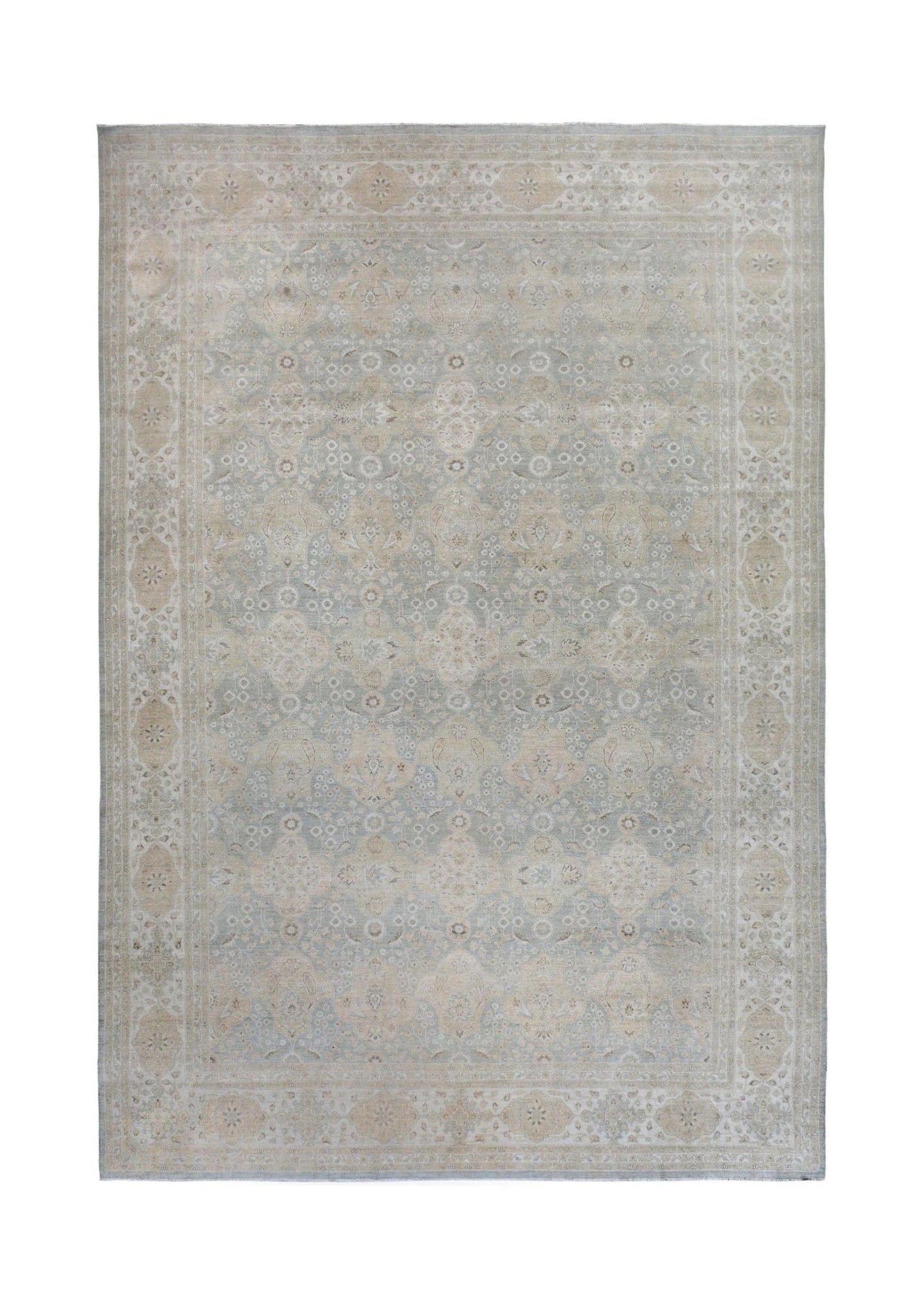 An Afghan Chobi rug featuring a traditional floral pattern in soft beige and muted blue tones.