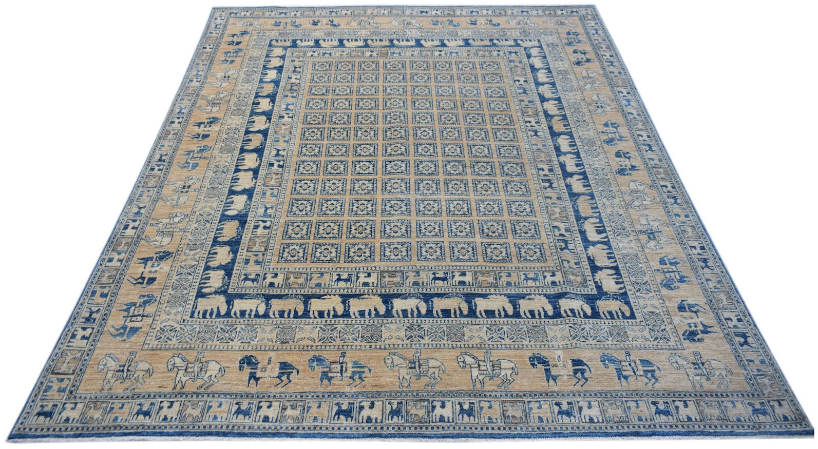 A handmade Afghan Chobi rug featuring a Pazyryk-inspired grid pattern with blue and tan motifs.