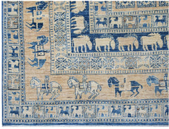 Handmade Afghan Chobi rug featuring a Pazyryk-inspired pattern of horses and riders in blue and tan.