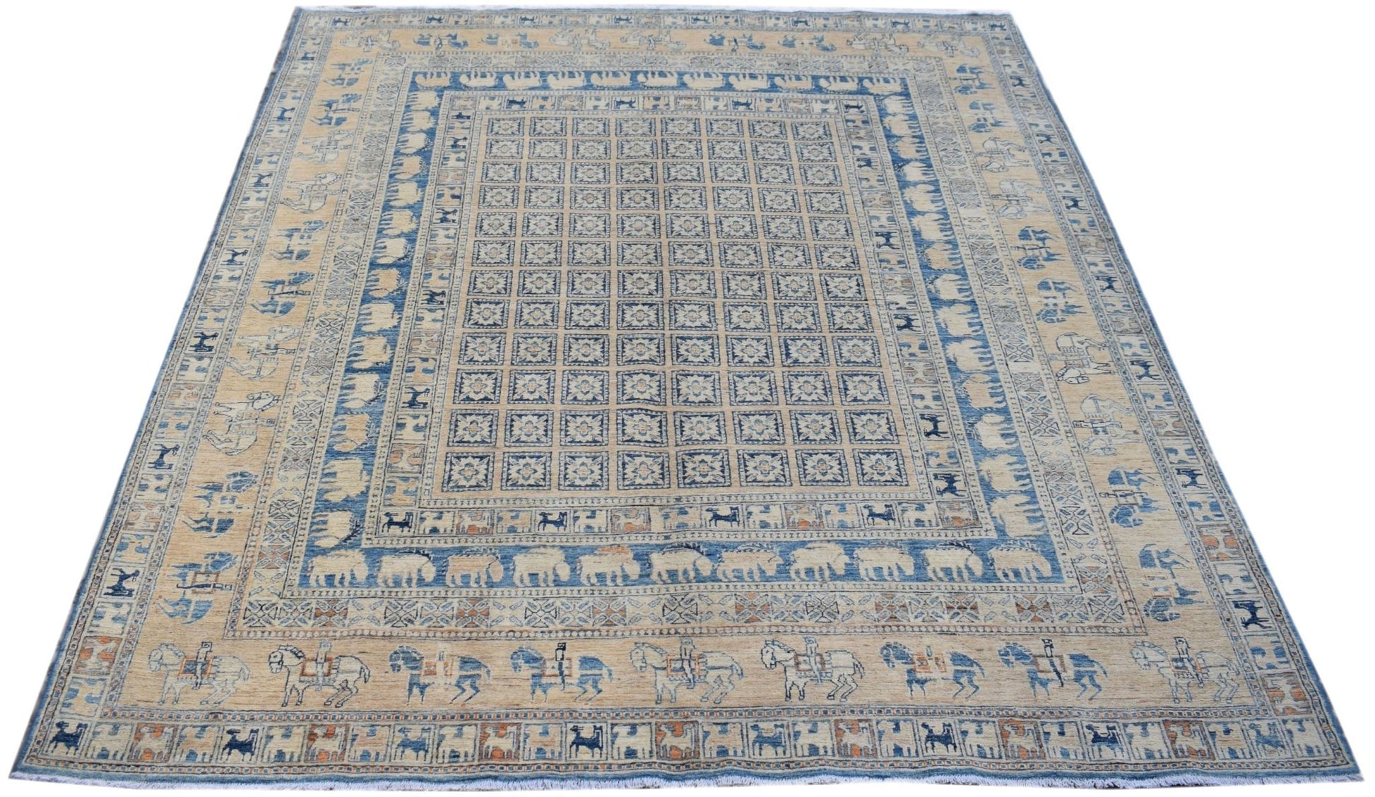 Handmade Afghan Chobi rug featuring a Pazyryk-inspired grid pattern with animal and rider motifs.