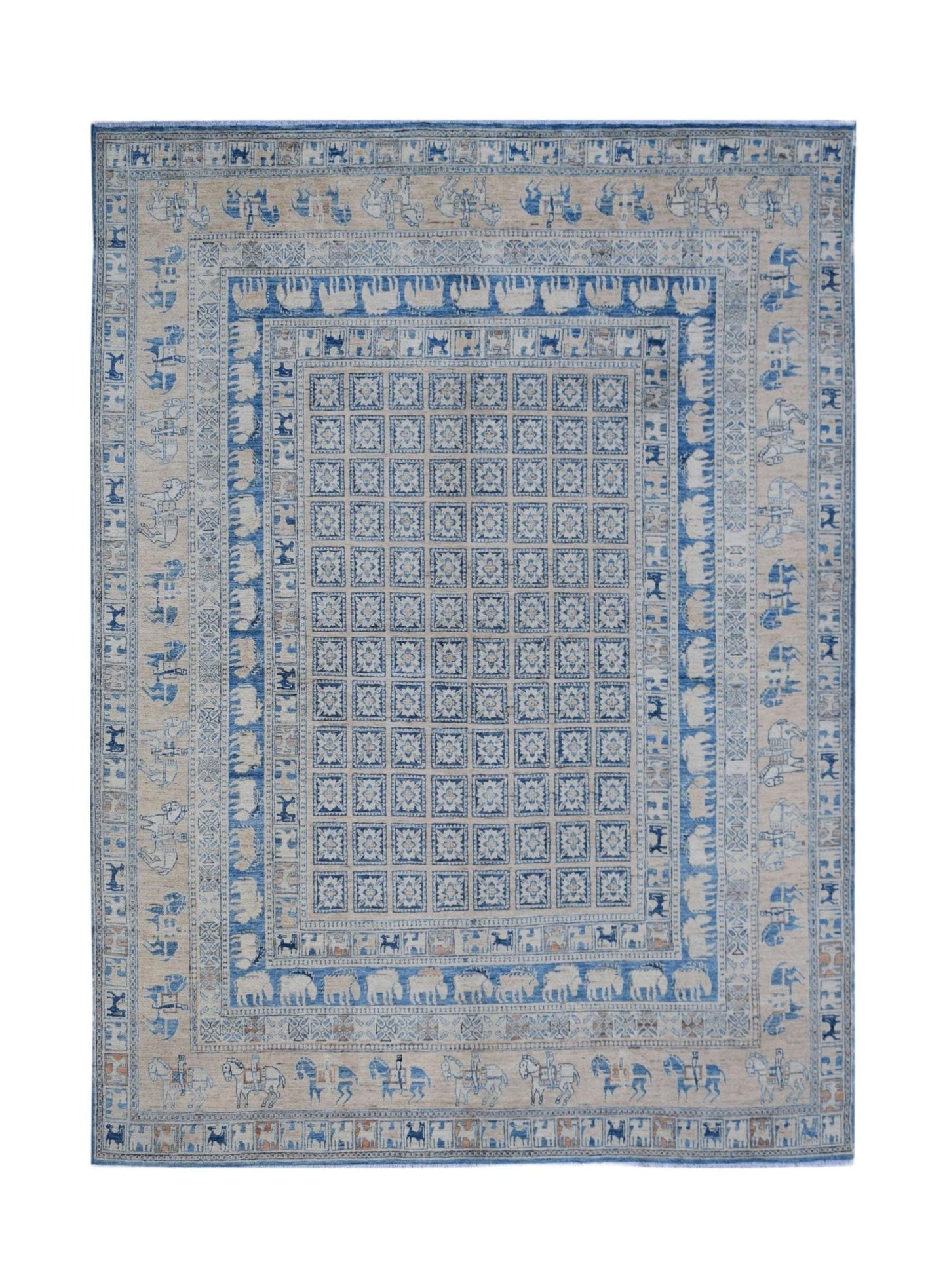 Handmade Afghan Chobi rug featuring a blue and beige grid pattern with animal motifs.