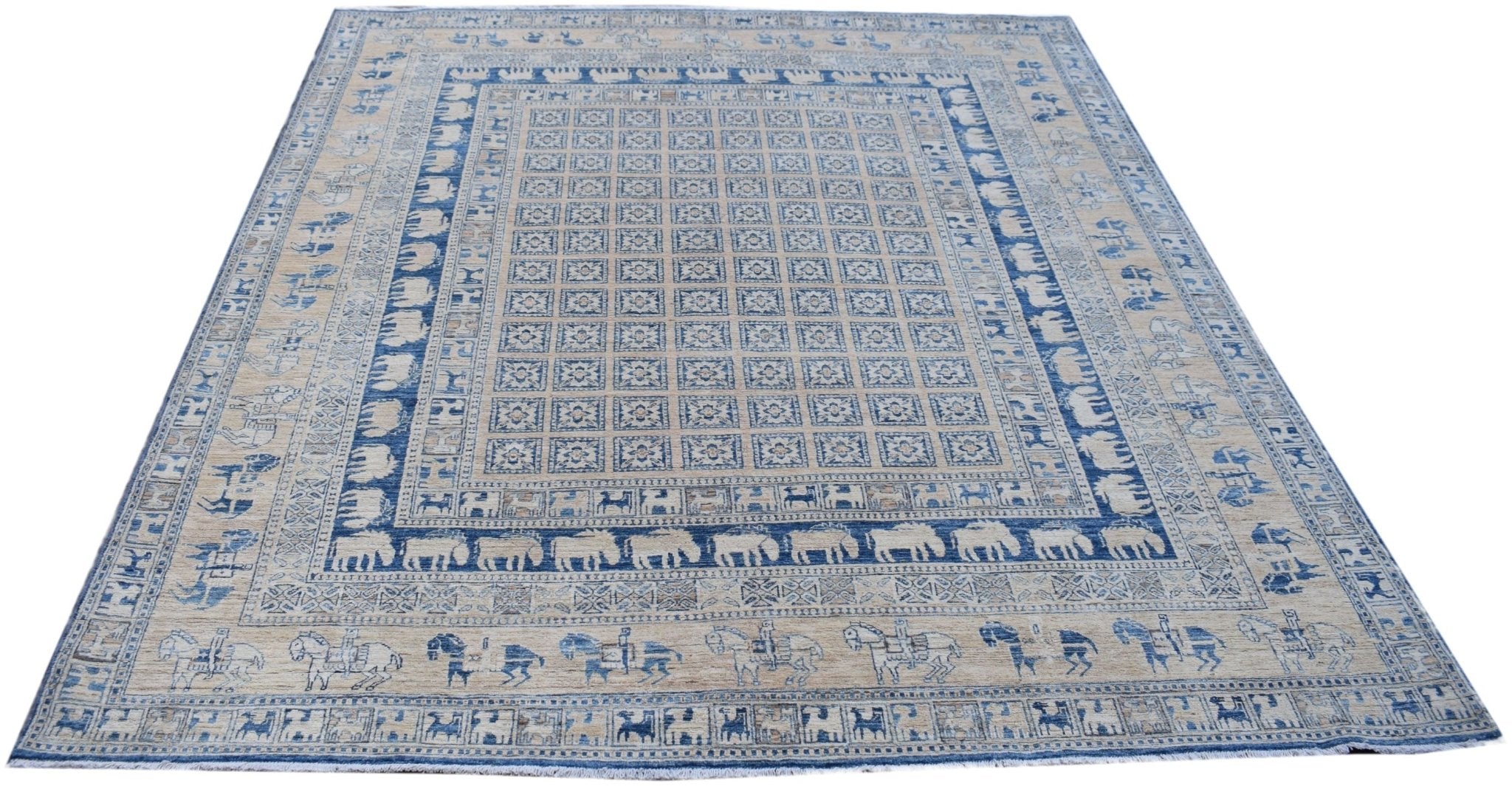 Handmade Afghan Chobi rug featuring a blue and beige grid pattern with animal motifs.