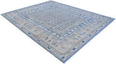 A handmade Afghan Chobi rug featuring a blue and beige Pazyryk-inspired geometric animal motif.