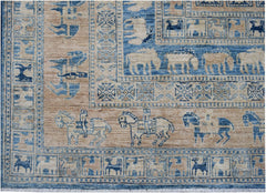 Handmade Afghan Chobi rug featuring blue and beige geometric patterns and equestrian motifs.