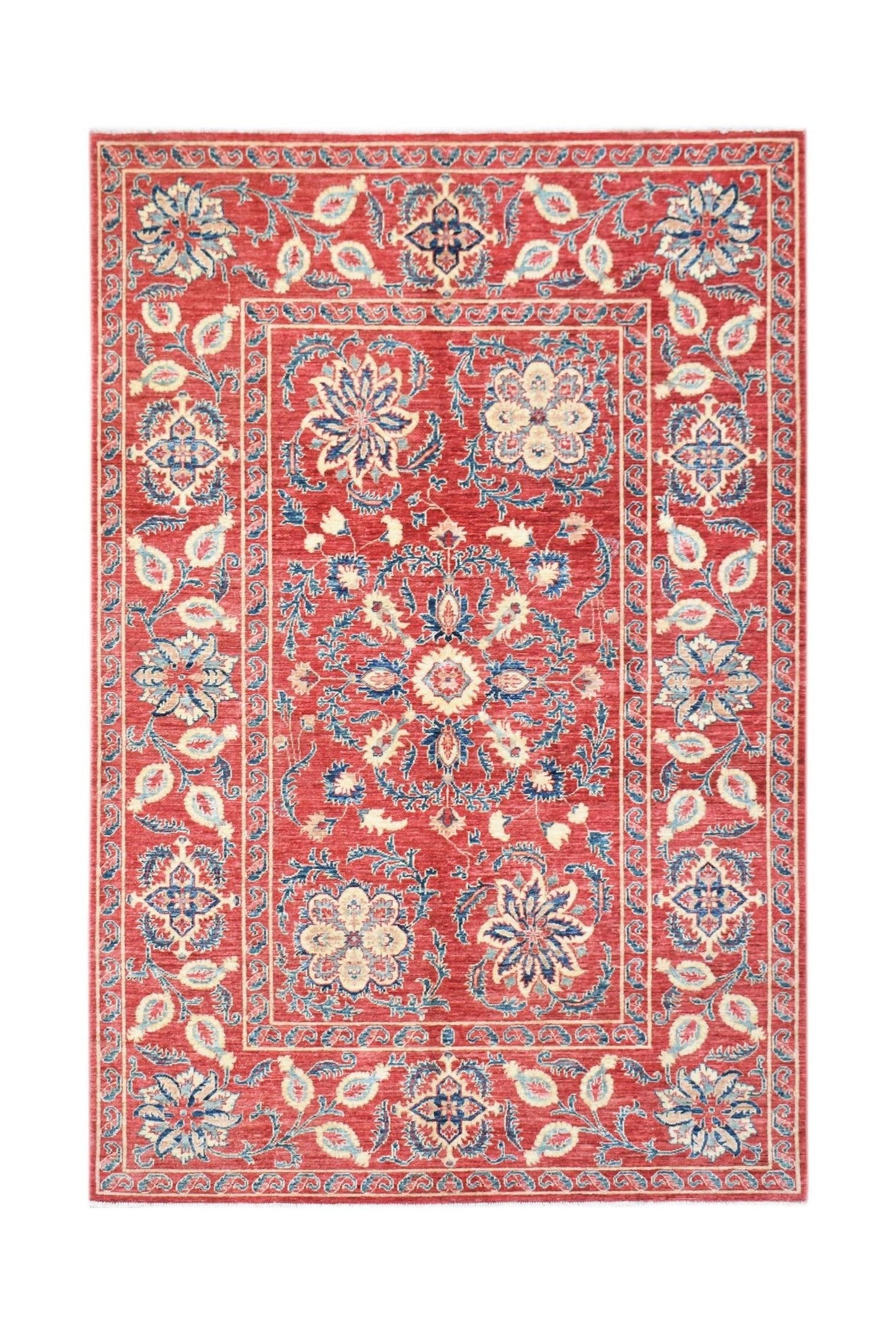 Handwoven Afghan Chobi rug featuring a red field with intricate blue and cream floral Suzani motifs.