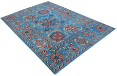 A rectangular Afghan Chobi rug featuring a blue field with traditional red and cream floral motifs.