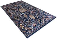 A rectangular Afghan Chobi rug featuring a traditional floral pattern in shades of blue and red.
