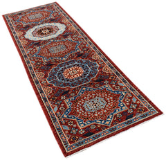 A handmade Afghan Chobi runner featuring a traditional Mamluk pattern in red and blue tones.