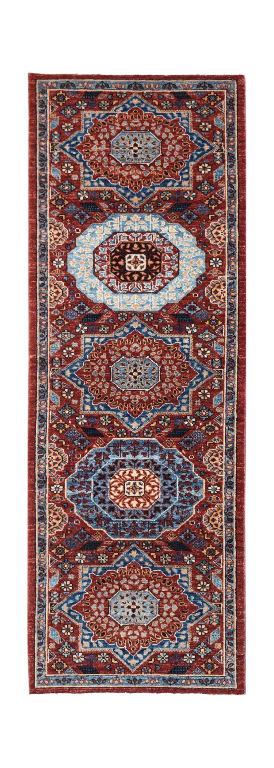 Handwoven Afghan Chobi runner rug featuring a traditional Mamluk medallion pattern in red and blue.