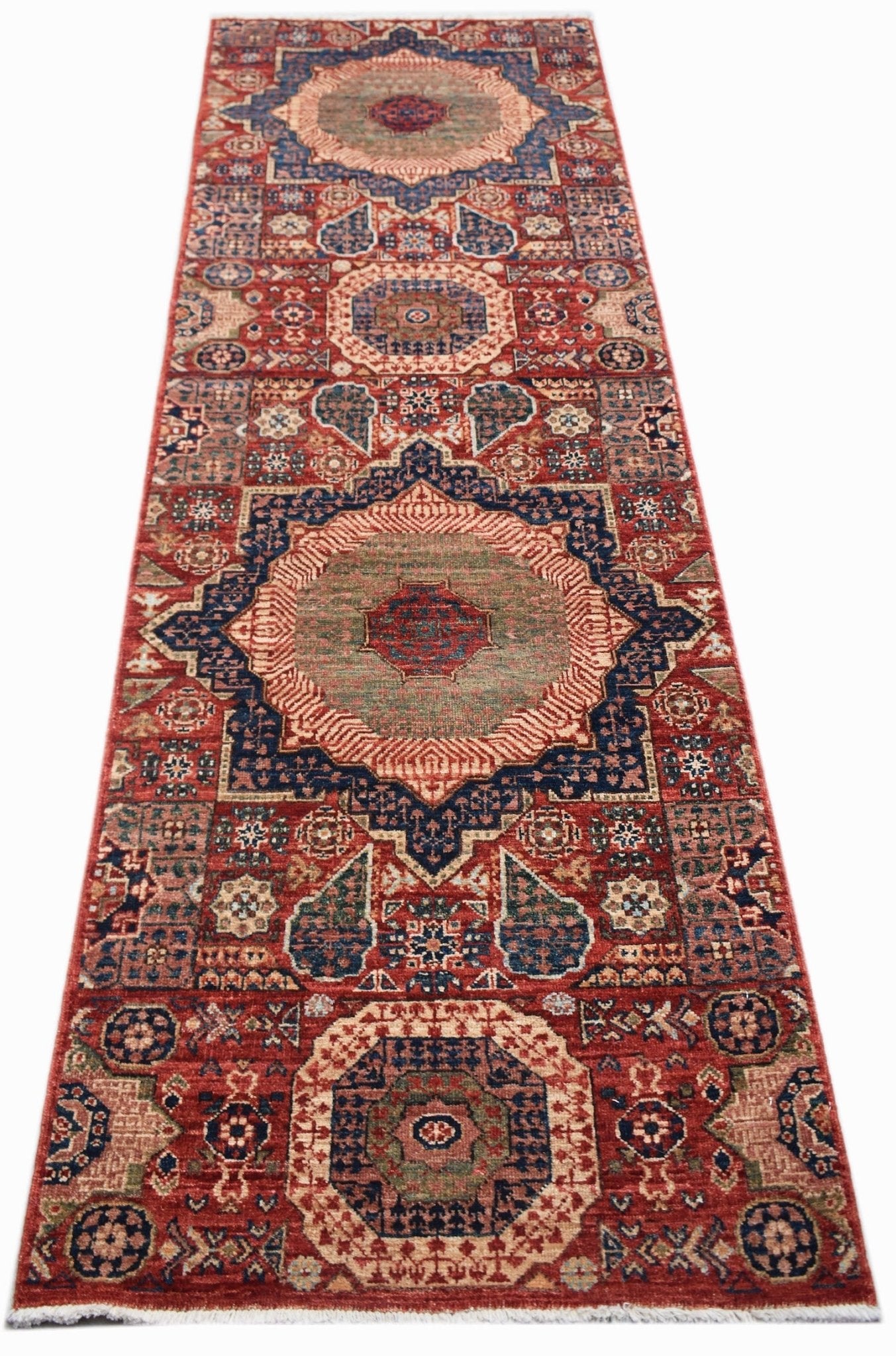 Handwoven Afghan Chobi runner rug featuring a traditional Mamluk medallion pattern in red and blue.