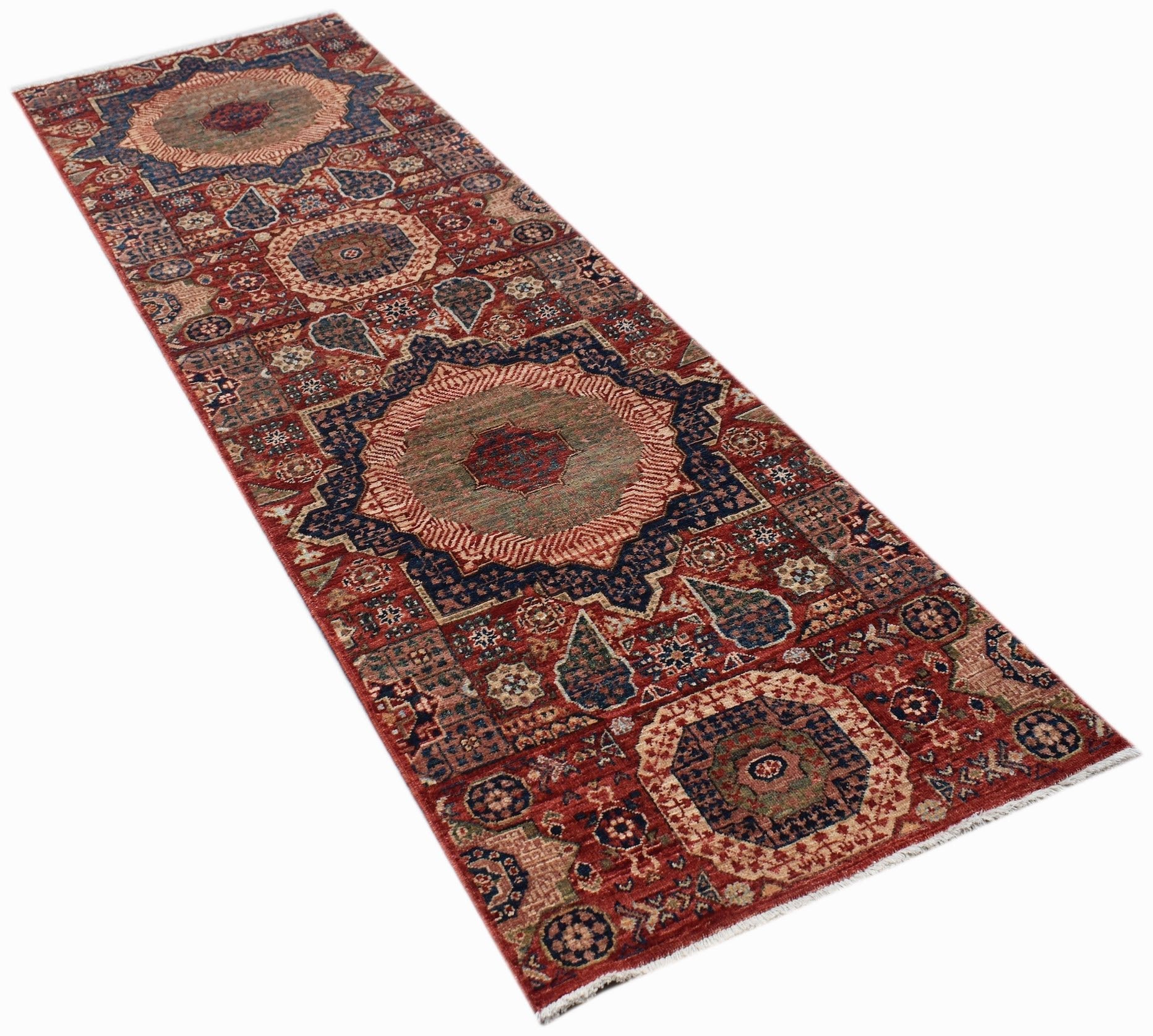 A handmade Afghan Chobi runner rug featuring a traditional Mamluk medallion pattern in red and blue.