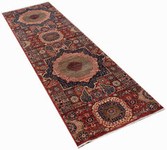 A handmade Afghan Chobi runner rug featuring a traditional Mamluk medallion pattern in red and blue.