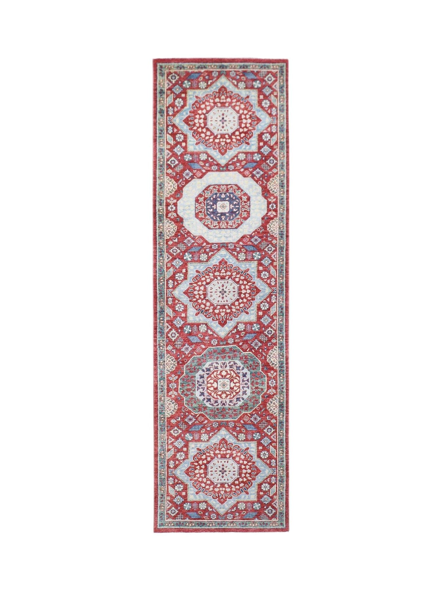 A handmade Afghan Chobi runner rug featuring a repeating Mamluk medallion pattern in red and blue.