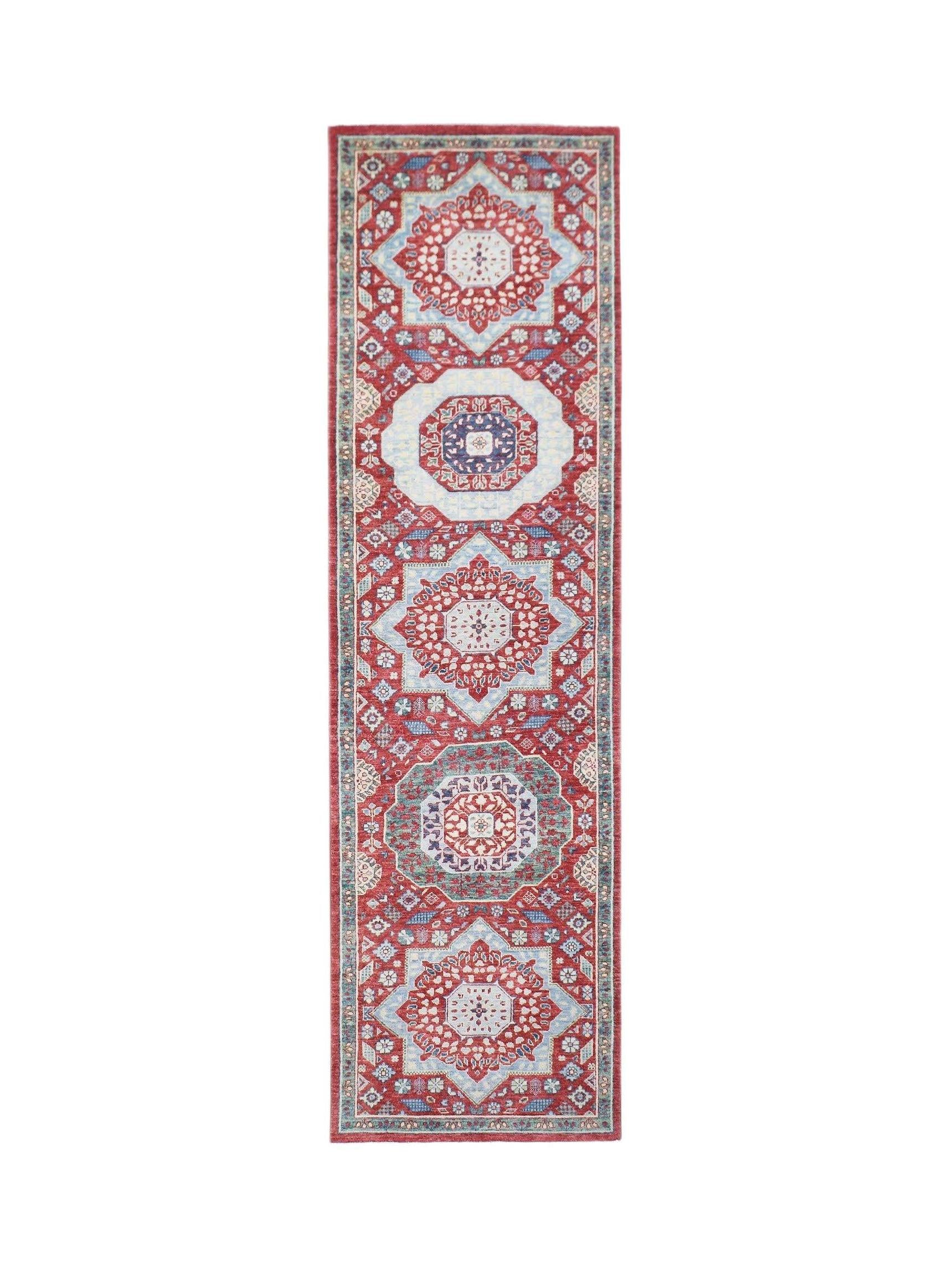 A handmade Afghan Chobi runner rug featuring a repeating Mamluk medallion pattern in red and blue.