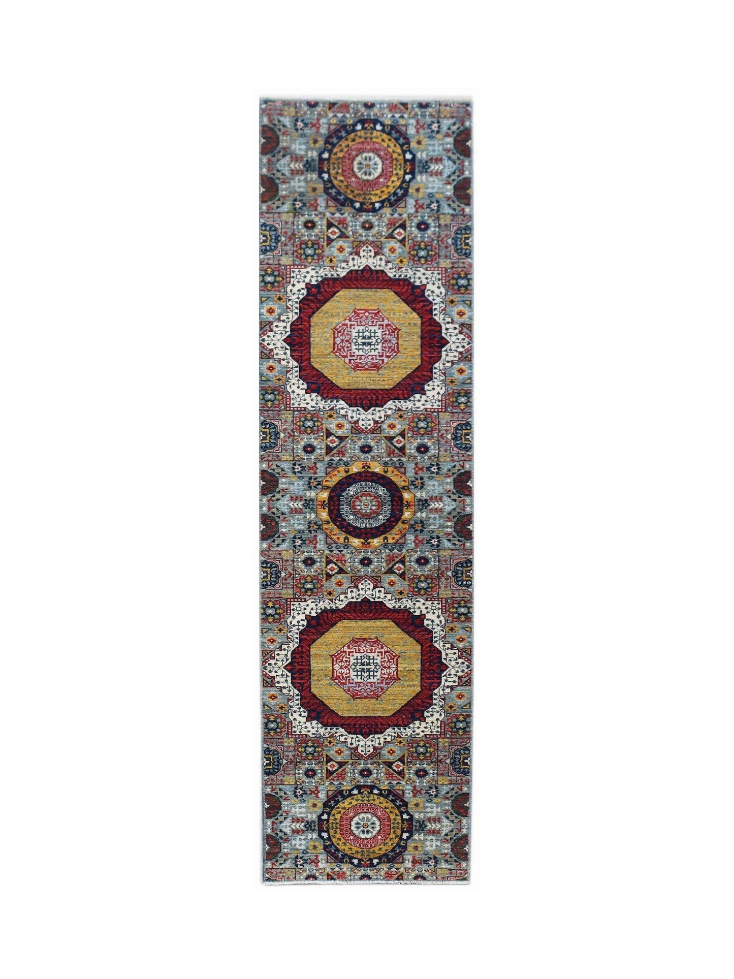 Handwoven Afghan Chobi runner rug featuring a traditional Mamluk medallion pattern in warm tones.