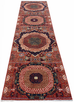 Handwoven Afghan Chobi runner rug featuring a traditional Mamluk medallion pattern in red and blue.