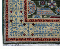 A corner view of a handwoven Afghan Chobi runner featuring a traditional Mamluk geometric pattern.