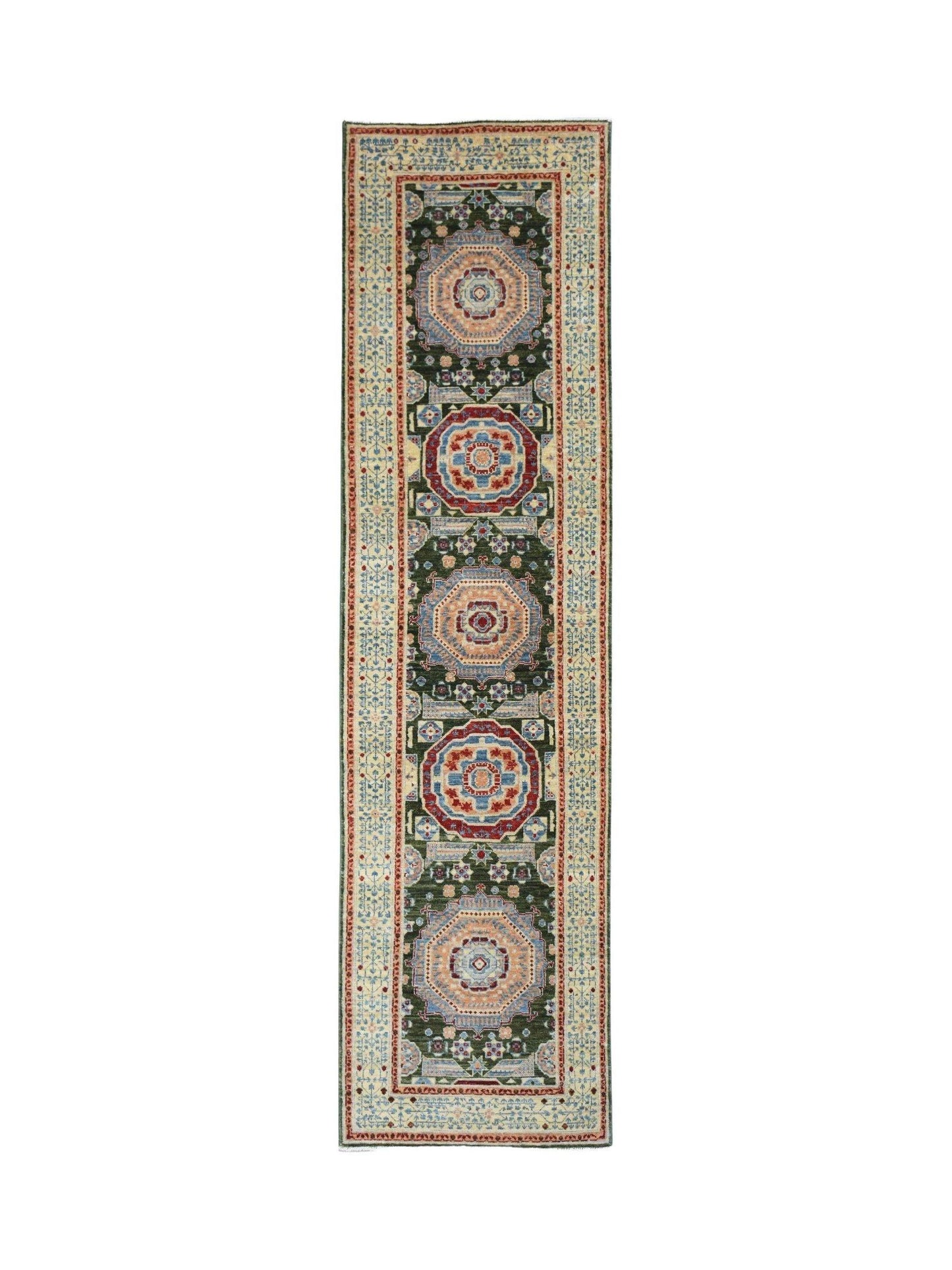 A handmade Afghan Chobi runner rug featuring a dark green field with repeating Mamluk medallions.