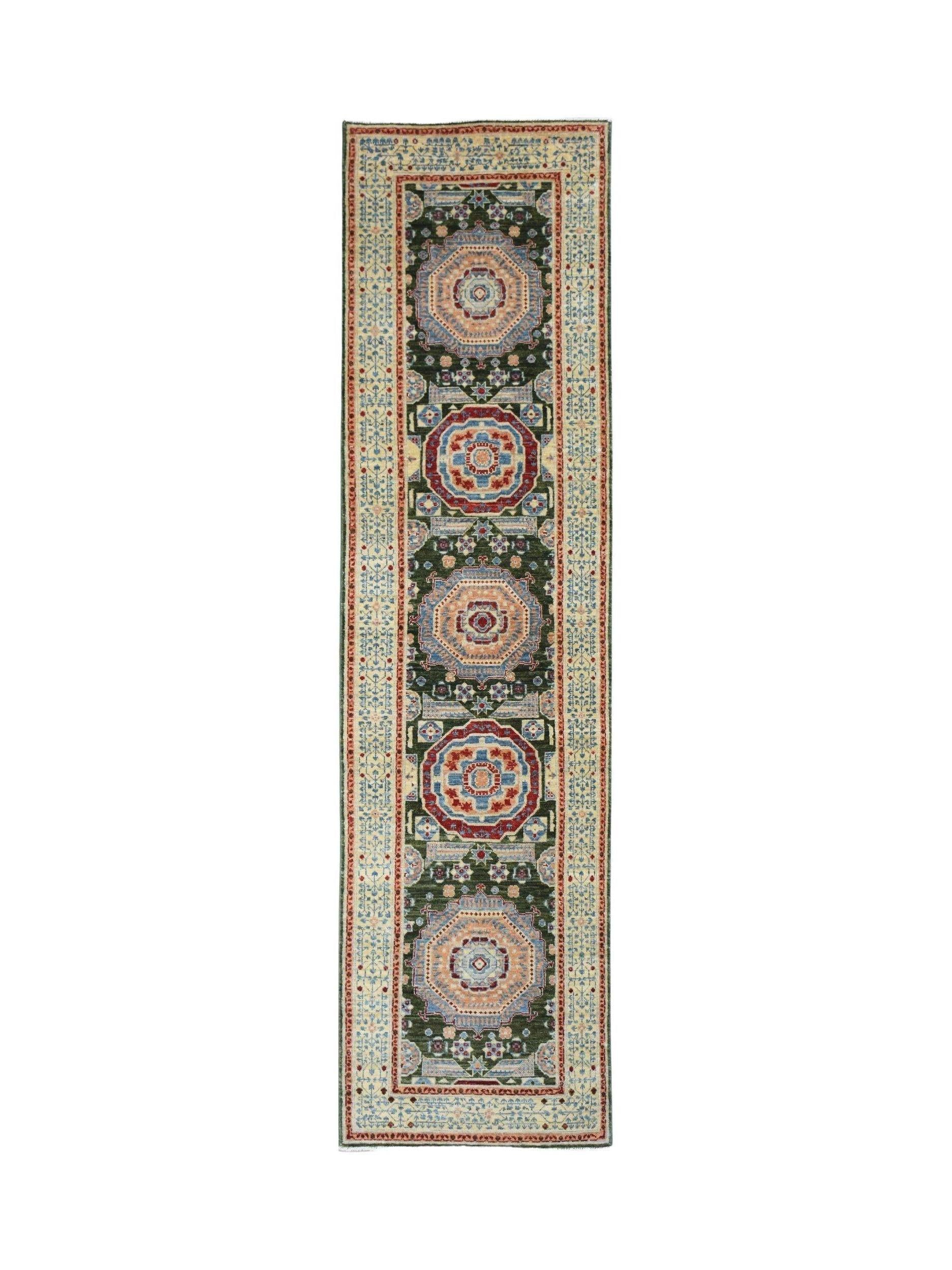 A handmade Afghan Chobi runner rug featuring a dark green field with repeating Mamluk medallions.