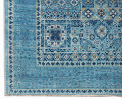 A handmade Afghan Chobi runner featuring a blue Mamluk pattern with intricate geometric motifs.
