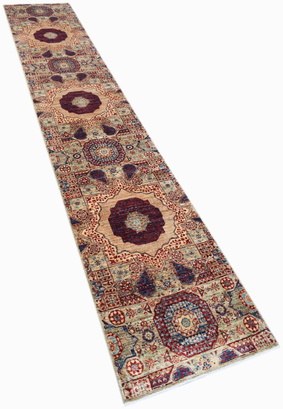 A handmade Afghan Chobi runner rug featuring a repeating Mamluk medallion pattern in wool.